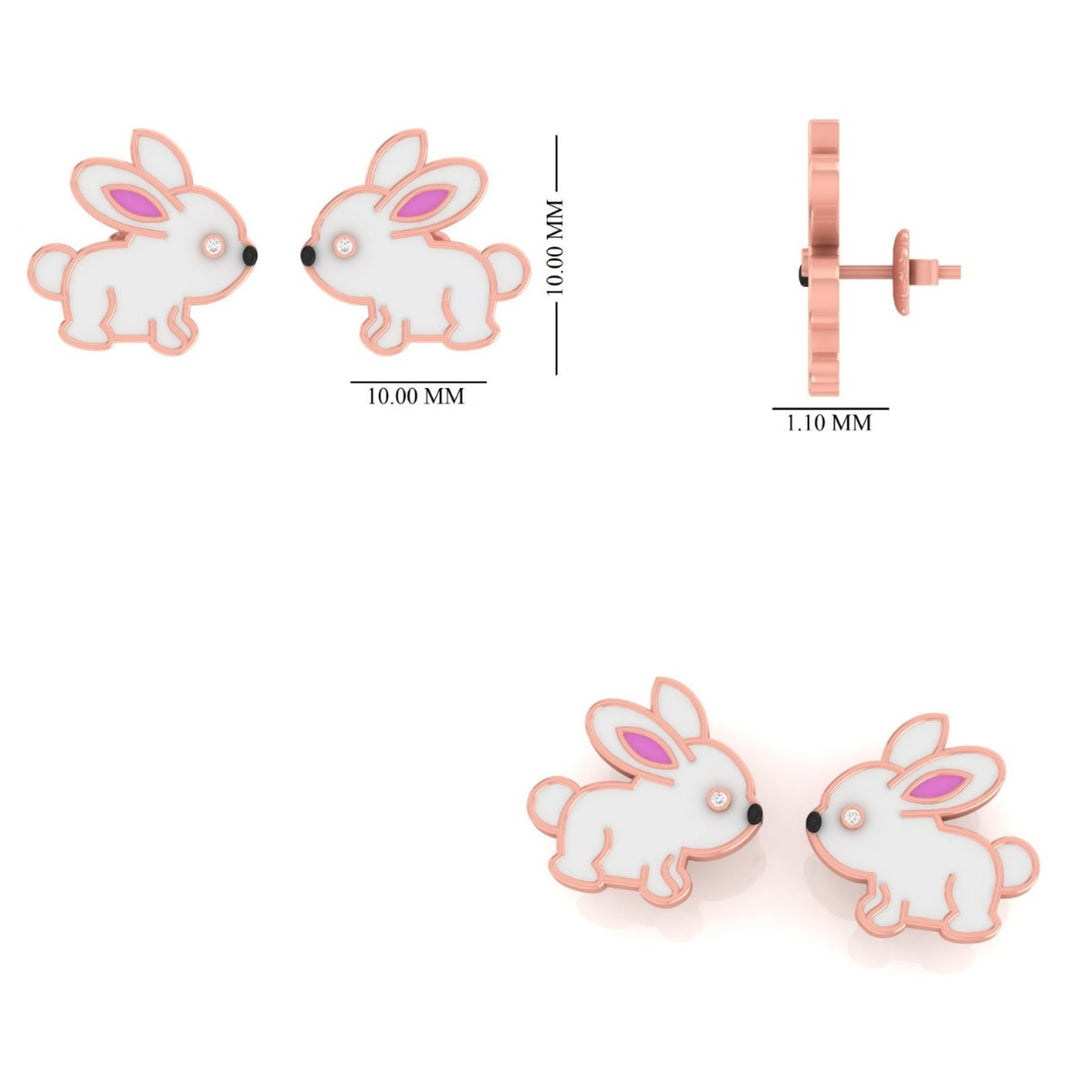 Kids Bunny Diamond Stud Earrings, 14k Solid Gold With Enameling, Natural Diamonds, Kids jewelry, Gift for toddlers, girls and kids