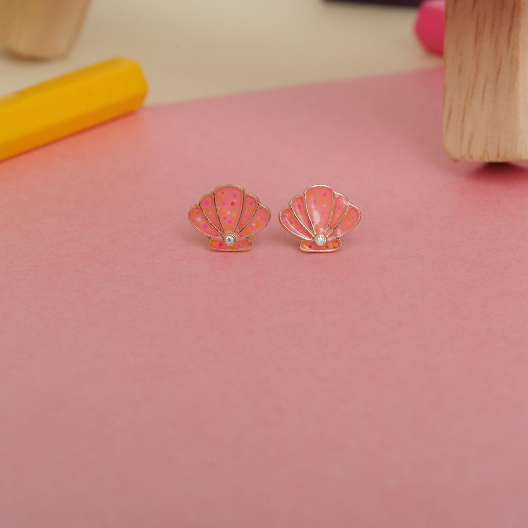 Kids Seashell Diamond Stud Earrings, 14k Solid Gold With Enameling, Natural Diamonds, Kids jewelry, Gift for toddlers, girls and kids