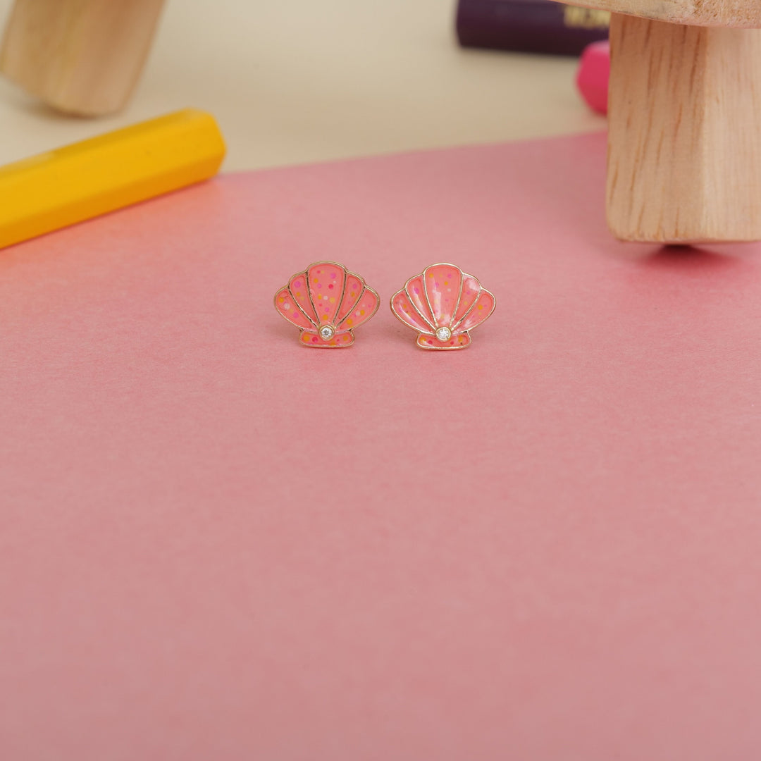 Kids Seashell Diamond Stud Earrings, 14k Solid Gold With Enameling, Natural Diamonds, Kids jewelry, Gift for toddlers, girls and kids