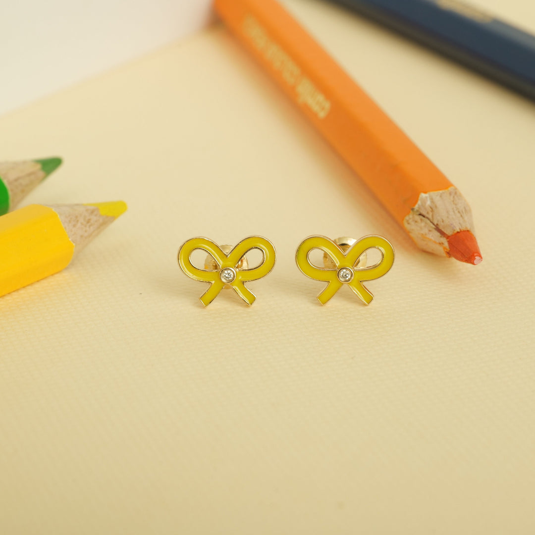 Kids Bowknot Diamond Stud Earrings, 14k Solid Gold With Enameling, Natural Diamonds, Kids jewelry, Gift for toddlers/girls, Ready To Ship