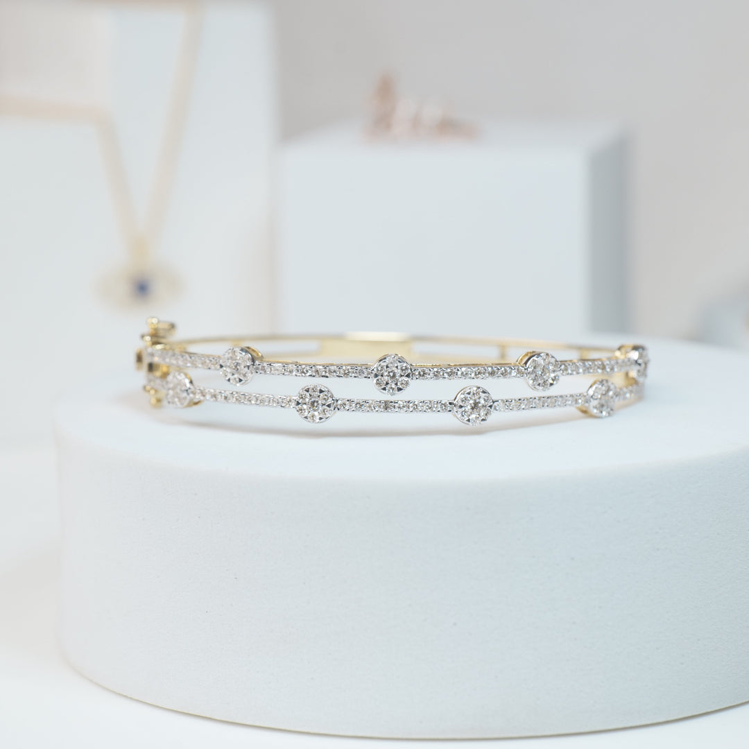 Dual Line Diamond Cuff Bracelet, 14k Solid Gold, Natural Diamonds, Cluster Illusion Bangle, Stackable Jewelry, Statement Bridal Cuff