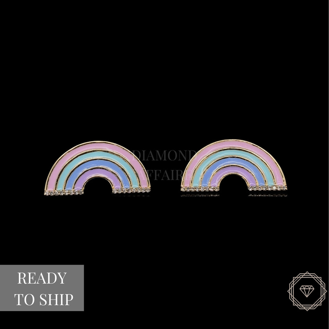 Kids Rainbow Diamond Stud Earrings, 14k Solid Gold With Enameling, Natural Diamonds, Kids jewelry, Gift for toddler, girls and kids