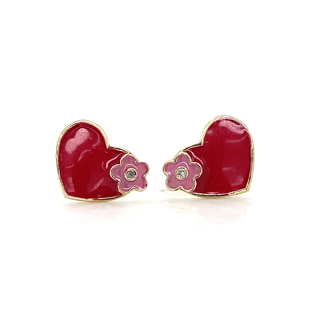 Teenager Floral Heart Diamond Stud Earrings, 14k Solid Gold With Enameling, Natural Diamonds, Kids Jewelry, Gift for toddlers, girls and kid