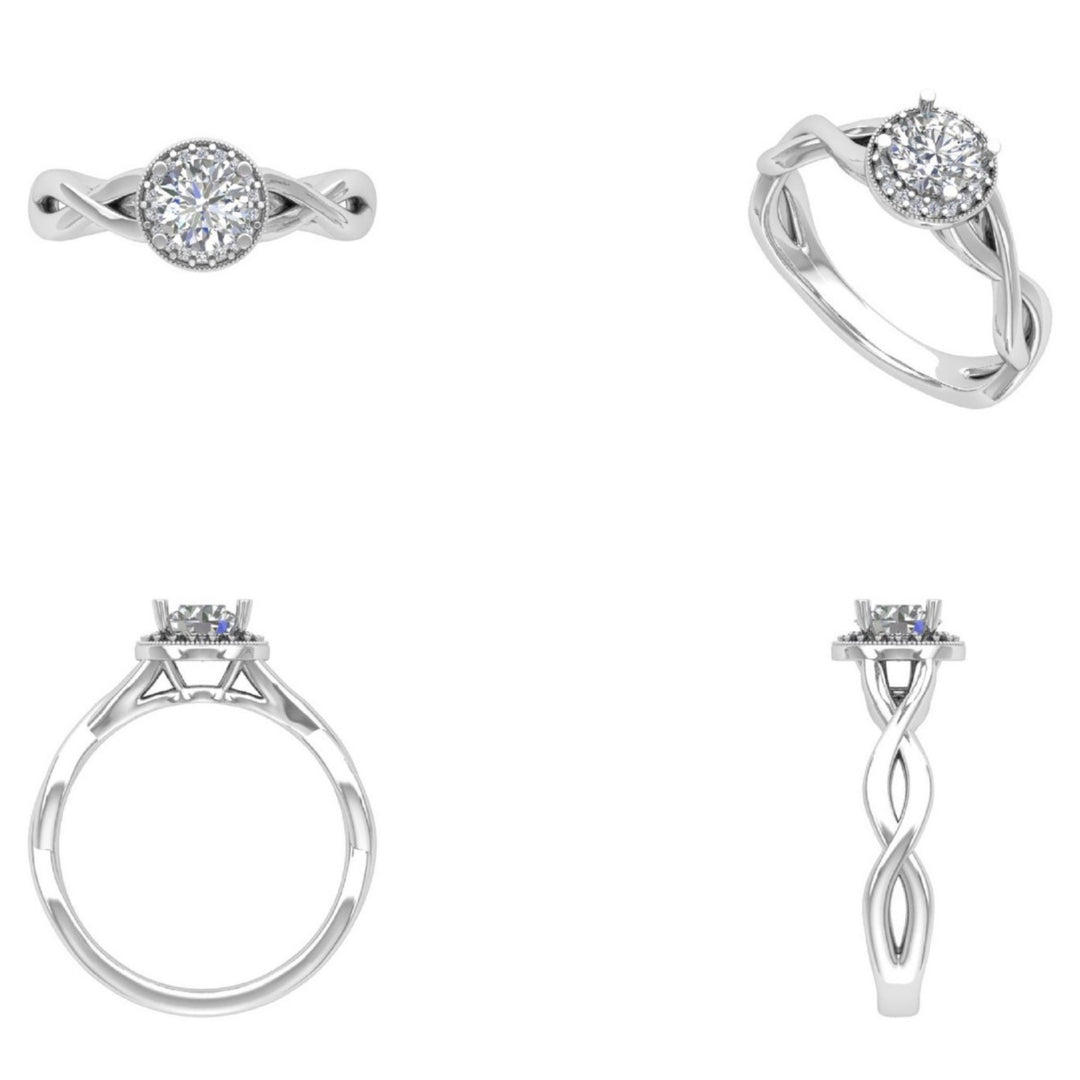 IGI Certified Lab grown Solitaire Halo Diamond Ring: 14K Solid Gold Bridal Twisted Band Ring