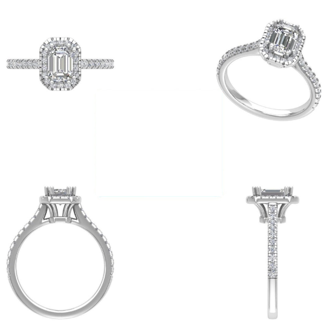 IGI Certified Emerald Cut Lab Grown Solitaire Diamond Ring: 14K Solid Gold Halo Engagement Ring