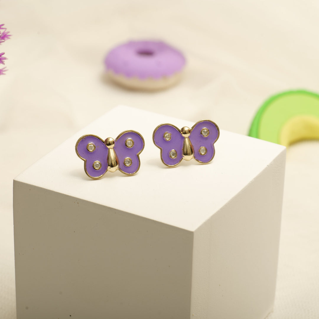 Kids Butterfly Diamond Stud Earrings, 14k Solid Gold With Purple Enameling, Natural Diamonds, Gift for girls, Ready To Ship, HRD Certified