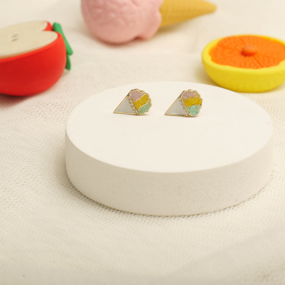 Kids Cone Ice Cream Diamond Stud Earrings, 14k Solid Gold With Enameling, Natural Diamonds, Kids jewelry, Gift for toddlers, girls and kids