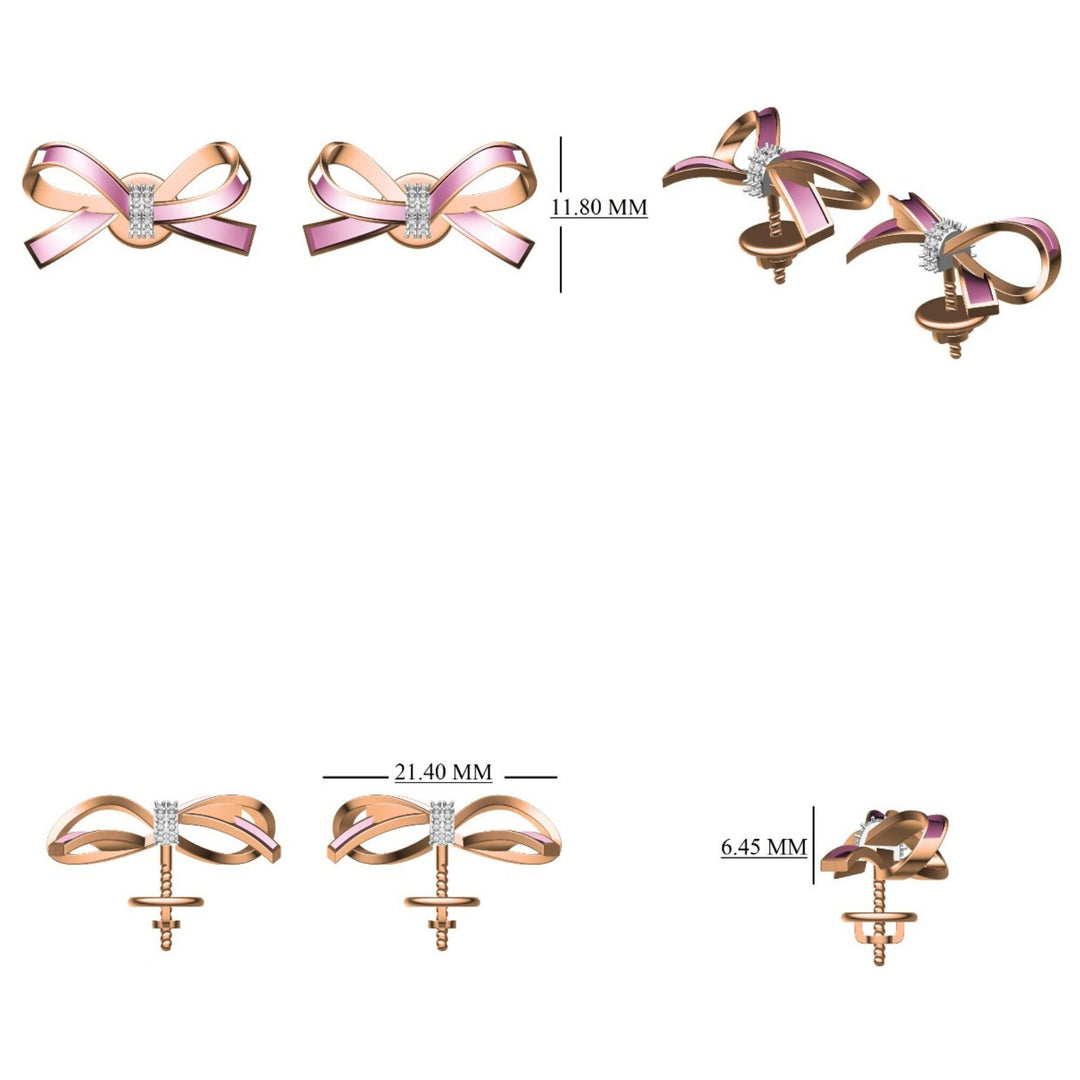 Kids Ribbon Diamond Stud Earrings, 14k Solid Gold With Pink Enameling, Natural Diamonds, Kids jewelry, Gift for toddlers, girls, and kids