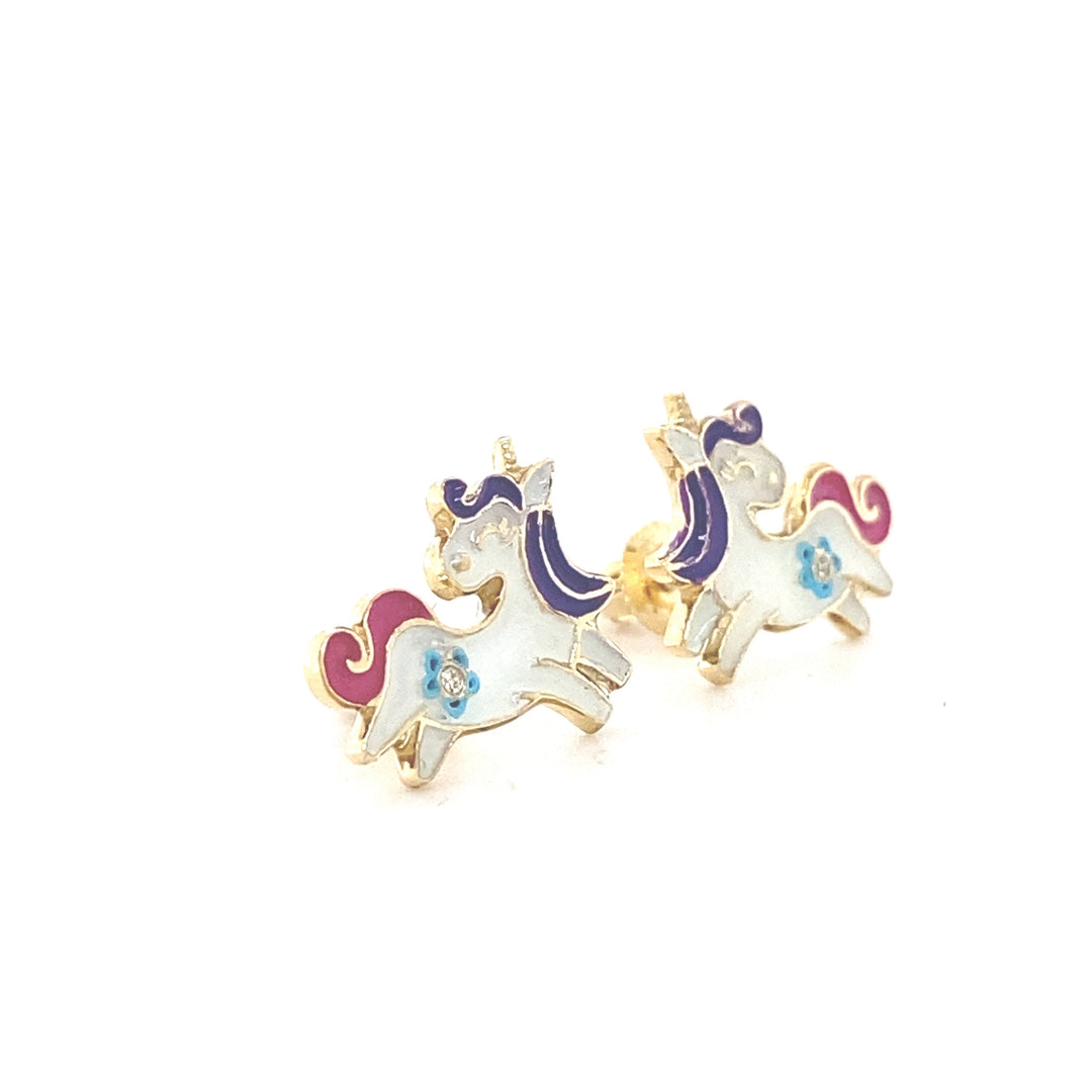 Kids Unicorn Diamond Stud Earrings, 14k Solid Gold With Pink Enameling, Natural Diamonds, Kids jewelry, Gift for toddlers, girls and kids
