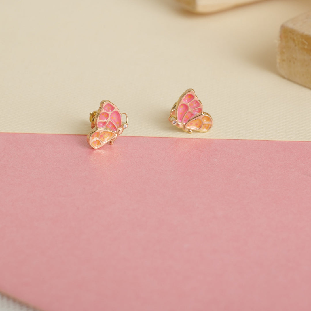 Kids Enameled Butterfly Diamond Stud Earrings, 14k Solid Gold, Natural Diamonds, Kids jewelry, Gift for toddlers, girls and kids