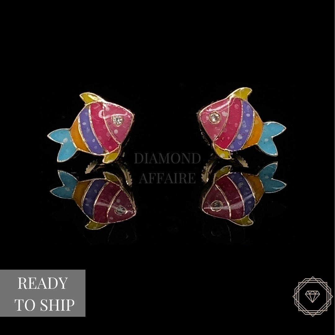 Kids Fish Diamond Stud Earrings, 14k Solid Gold With Enameling, Natural Diamonds, Kids jewelry, Gift for toddlers, girls and kids