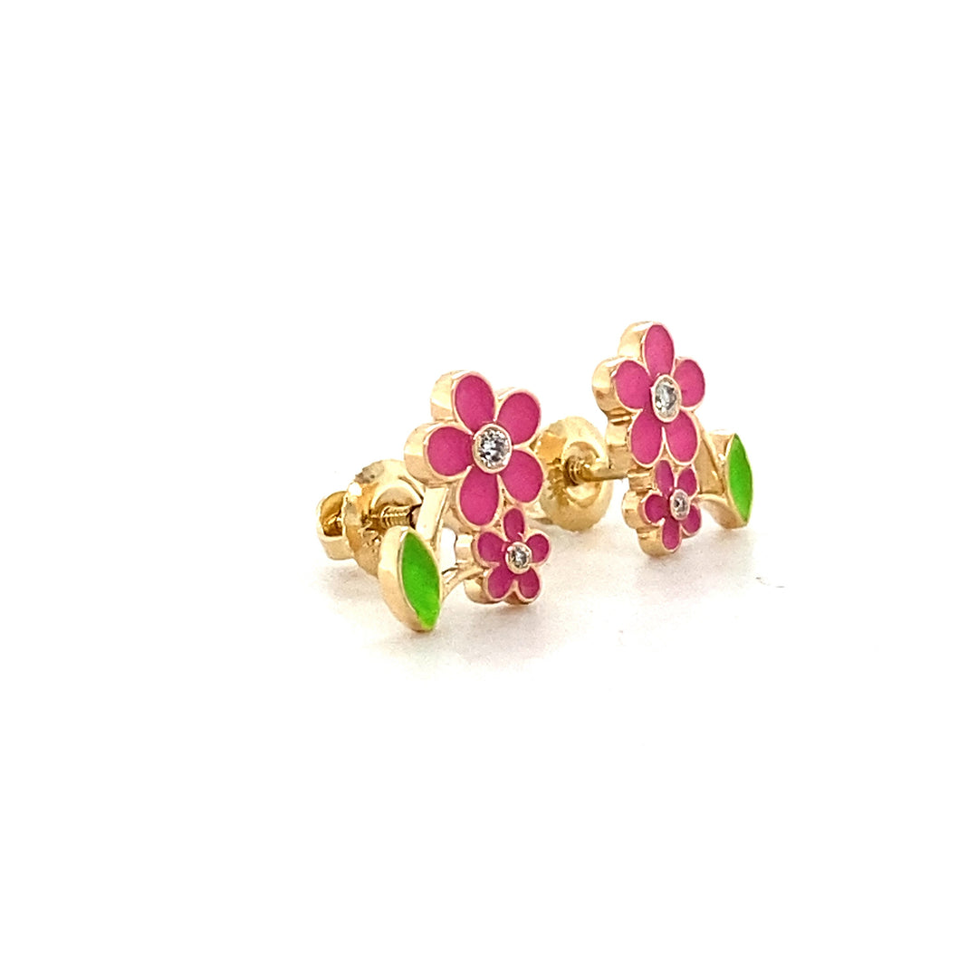 Kids Floral Petal Diamond Stud Earrings, 14k Solid Gold With Enameling, Natural Diamonds, Kids jewelry, Gift for toddlers, girls and kids