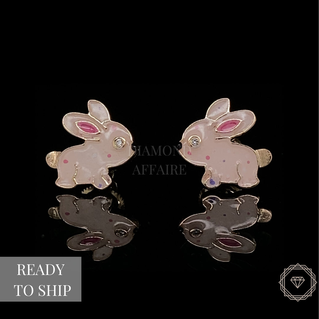 Kids Bunny Diamond Stud Earrings, 14k Solid Gold With Enameling, Natural Diamonds, Kids jewelry, Gift for toddlers, girls and kids