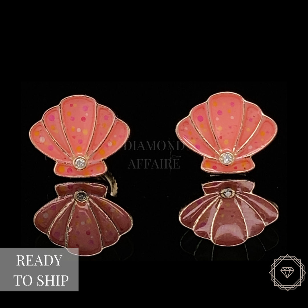 Kids Seashell Diamond Stud Earrings, 14k Solid Gold With Enameling, Natural Diamonds, Kids jewelry, Gift for toddlers, girls and kids