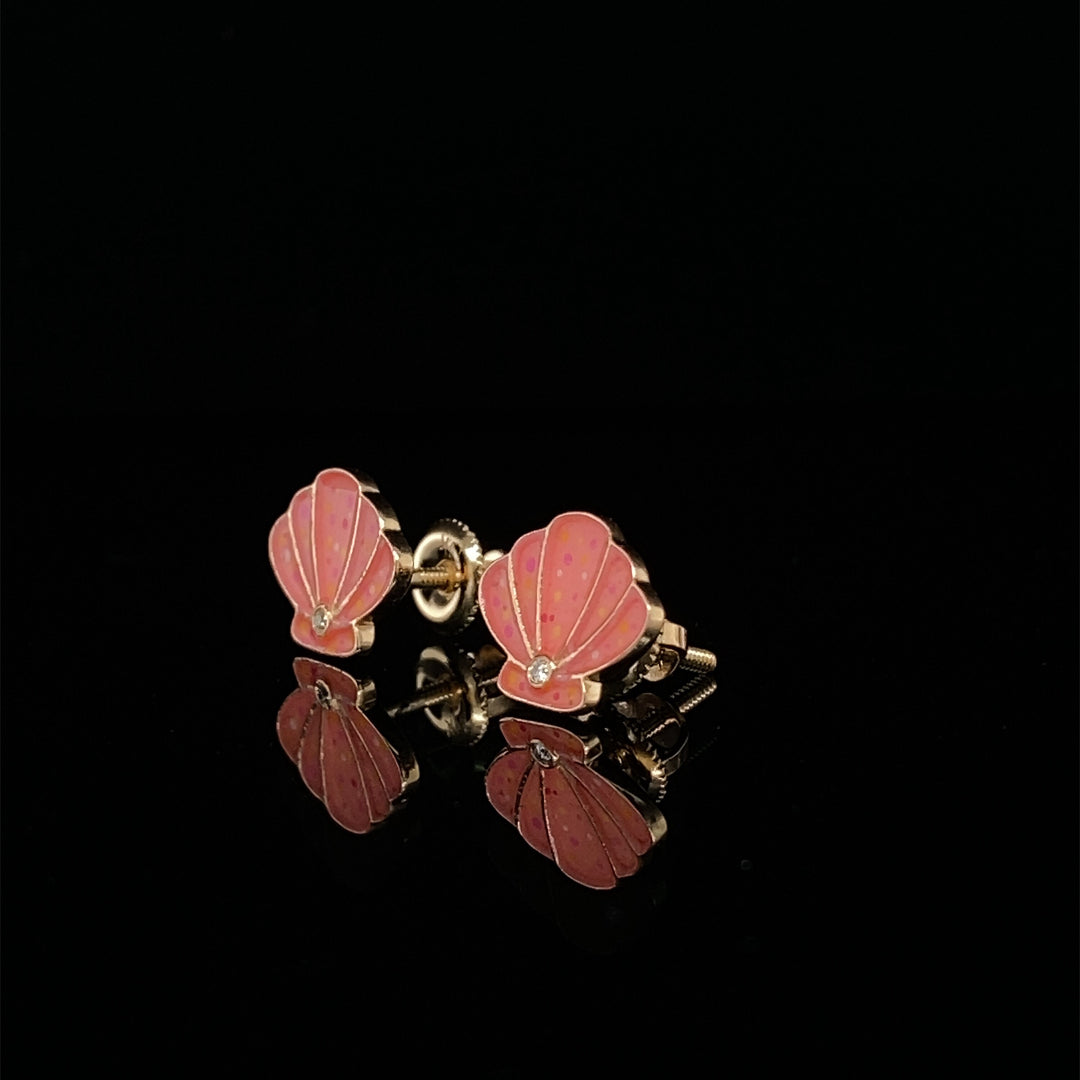 Kids Seashell Diamond Stud Earrings, 14k Solid Gold With Enameling, Natural Diamonds, Kids jewelry, Gift for toddlers, girls and kids