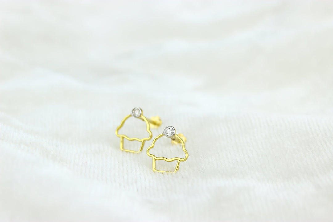Kids Cupcake Diamond Stud Earrings, 14k Solid Gold, Natural Diamonds, Kids jewelry, Gift for toddlers, girls, and kids