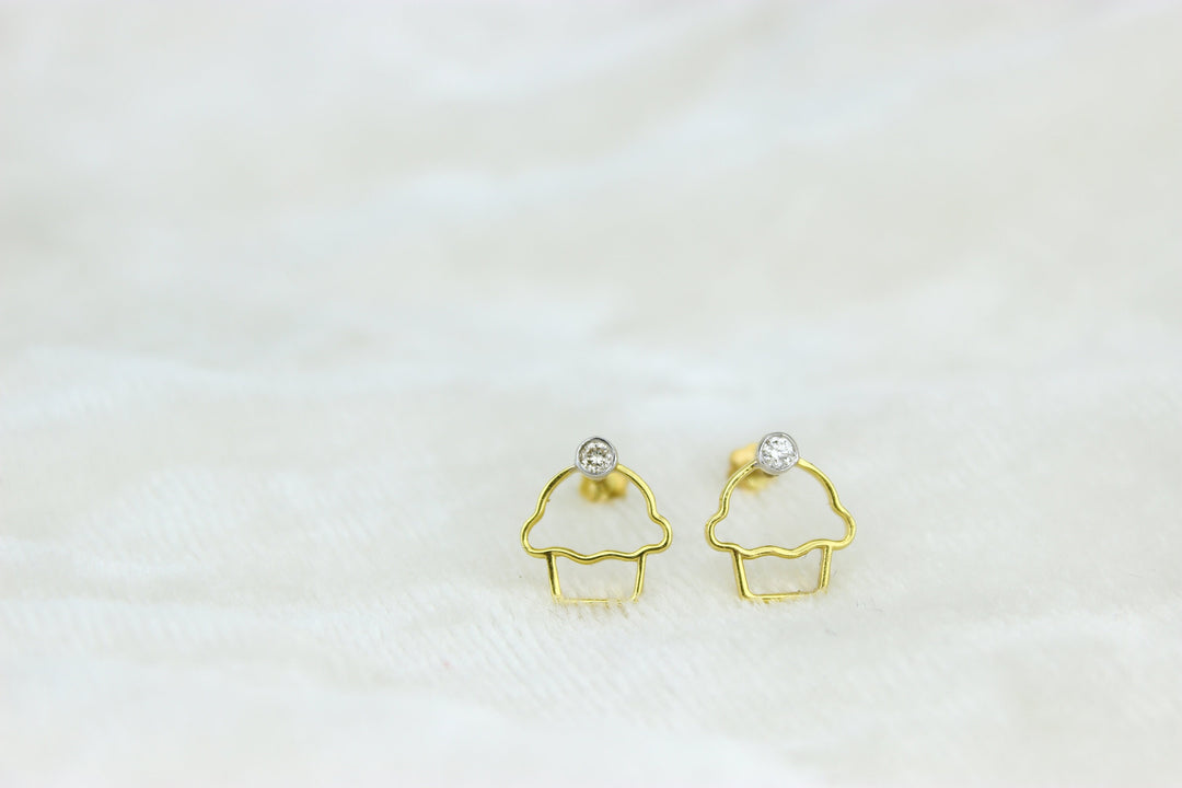 Kids Cupcake Diamond Stud Earrings, 14k Solid Gold, Natural Diamonds, Kids jewelry, Gift for toddlers, girls, and kids