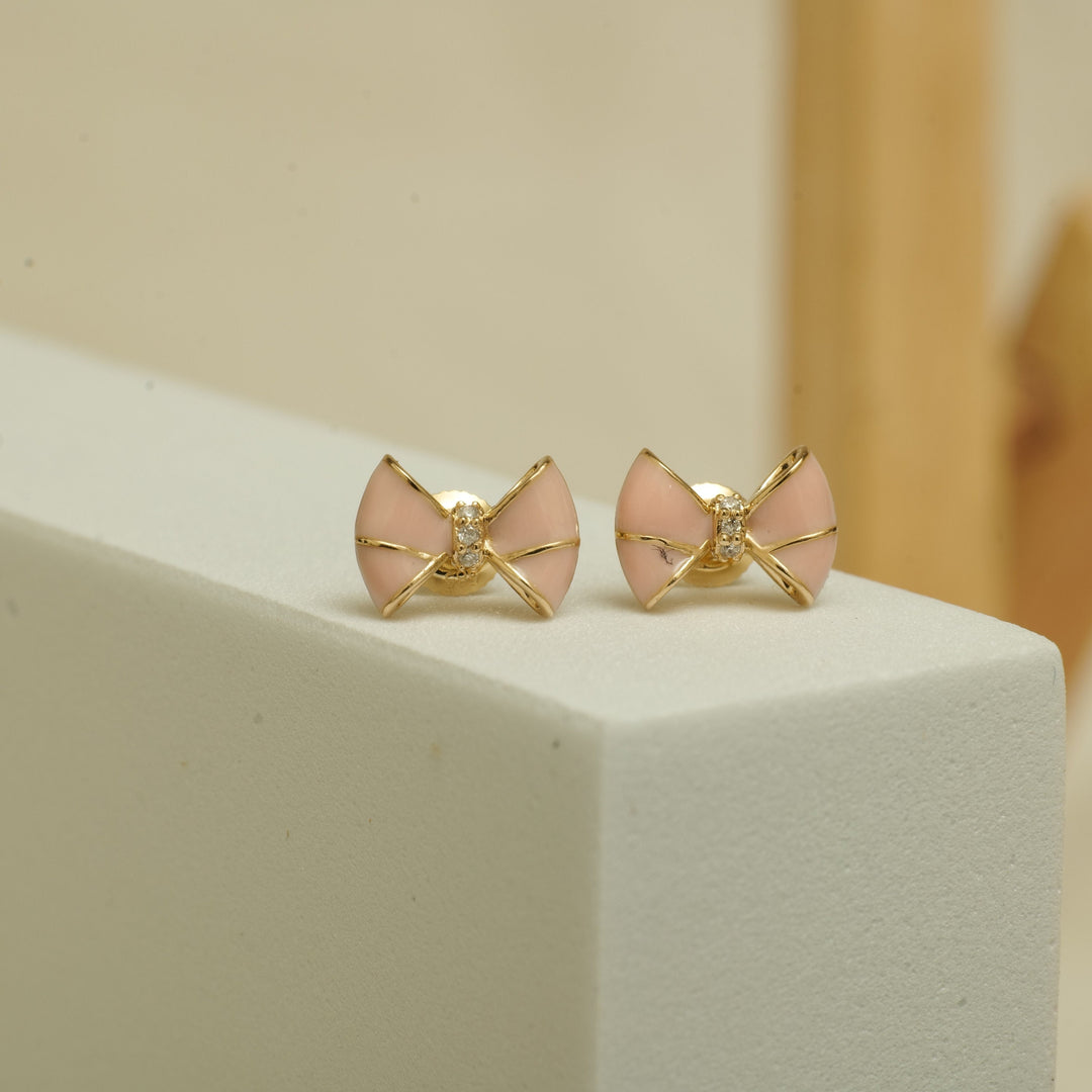 Kids Bow Diamond Stud Earrings, 14k Solid Gold With Enameling, Natural Diamonds, Kids Jewelry, Gift for toddlers, girls and kids