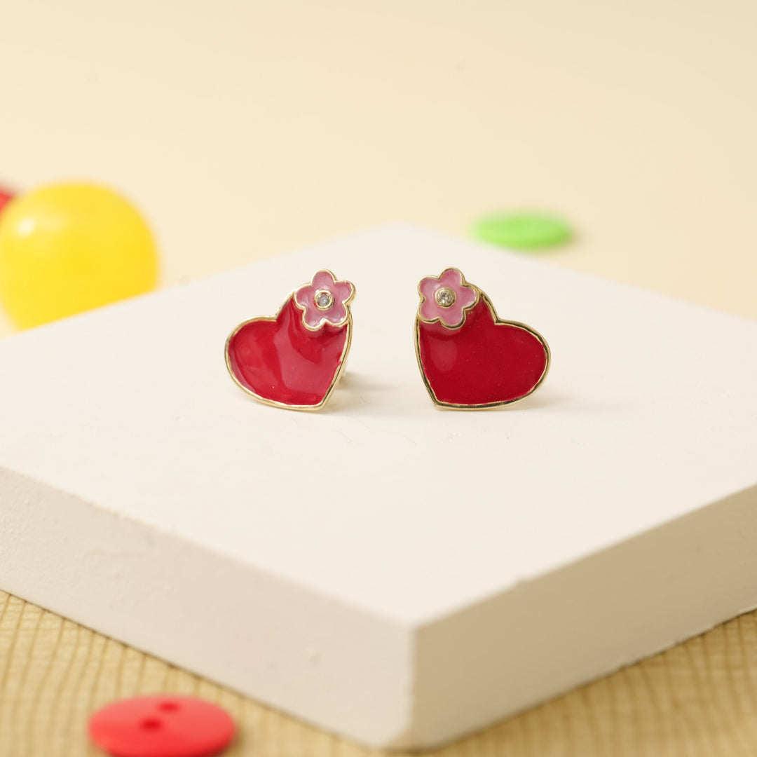 Teenager Floral Heart Diamond Stud Earrings, 14k Solid Gold With Enameling, Natural Diamonds, Kids Jewelry, Gift for toddlers, girls and kid