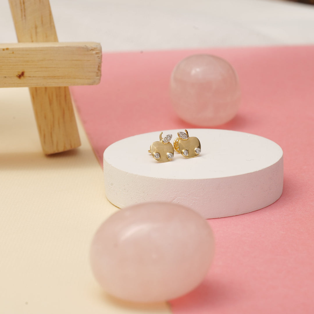 Kids Apple Diamond Stud Earrings, 14k Solid Gold, Natural Diamonds, Kids Jewelry, Gift for toddlers, girls and kids