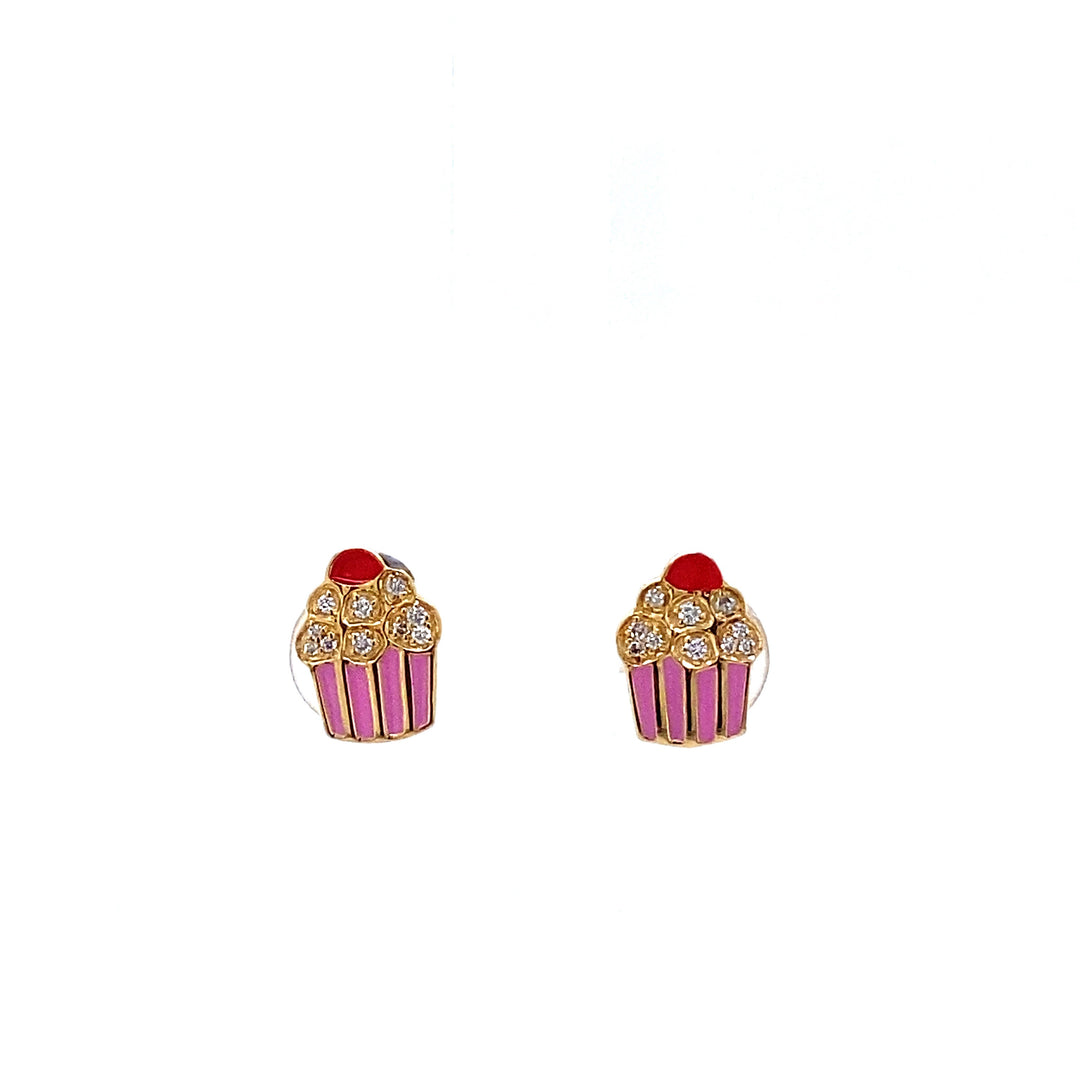 Kids Enameled Cupcake Diamond Stud Earrings, 14k Solid Gold, Natural Diamonds, Kids jewelry, Gift for toddlers, girls and kids