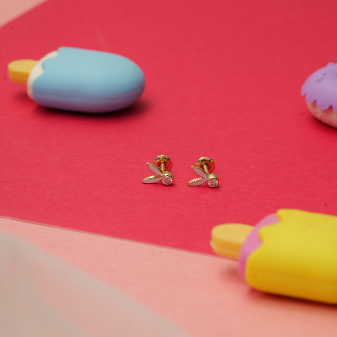 Kids Enameled Bunny Ears Diamond Stud Earrings, 14k Solid Gold, Natural Diamonds, Kids jewelry, Gift for toddlers, girls and kids