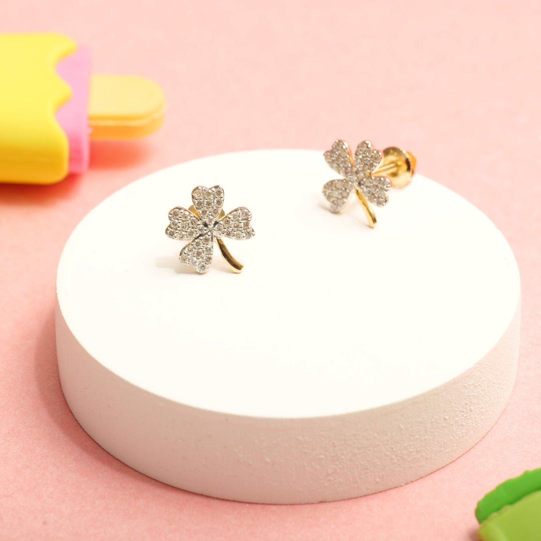 Kids Leaf Clover Diamond Stud Earrings, 14k Solid Gold, Natural Diamonds, Kids Jewelry, Gift for toddlers, girls and kids