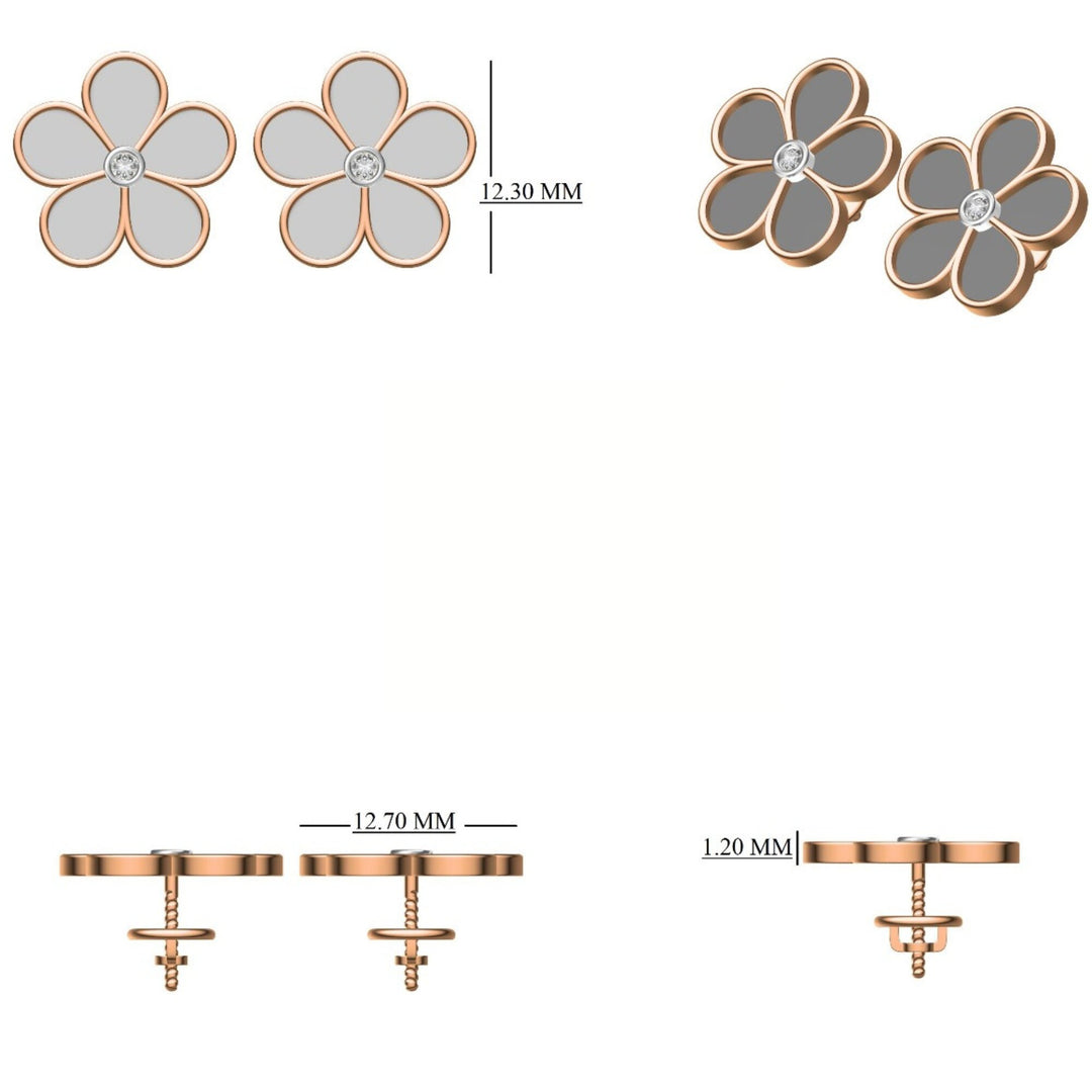 Kids Enameled Flower Diamond Earrings, 14k Solid Gold, Natural Diamonds, Bezel Set Floral Studs, Ready To Ship, HRD Certified