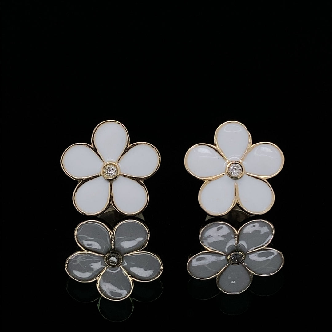 Kids Enameled Flower Diamond Stud Earrings, 14k Solid Gold, Natural Diamonds, Kids Jewelry, Gift for toddlers, girls and kids