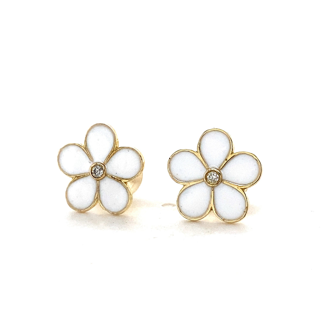 Kids Enameled Flower Diamond Stud Earrings, 14k Solid Gold, Natural Diamonds, Kids Jewelry, Gift for toddlers, girls and kids