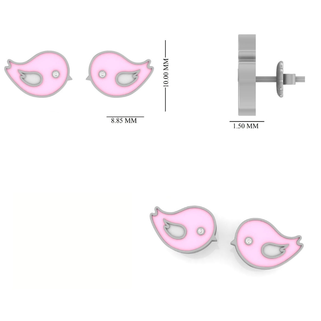 Kids Pink Bird Diamond Stud Earrings, 14k Solid Gold With Enameling, Natural Diamonds, Kids Jewelry, Gift for toddlers, girls and kids
