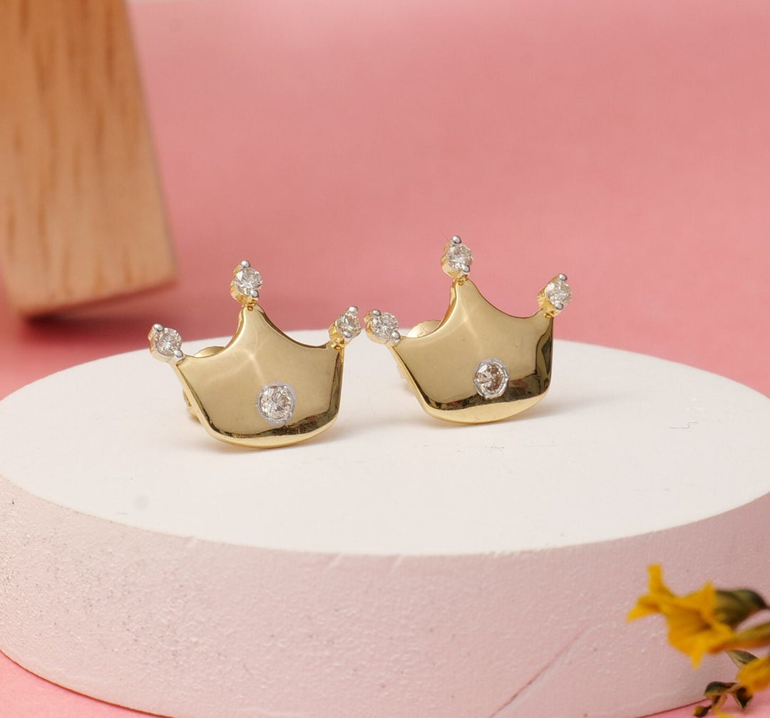 Kids Crown Diamond Stud Earrings, 14k Solid Gold, Natural Diamonds, Princess Jewelry, Gift for toddlers/girls/kids, Ready To Ship