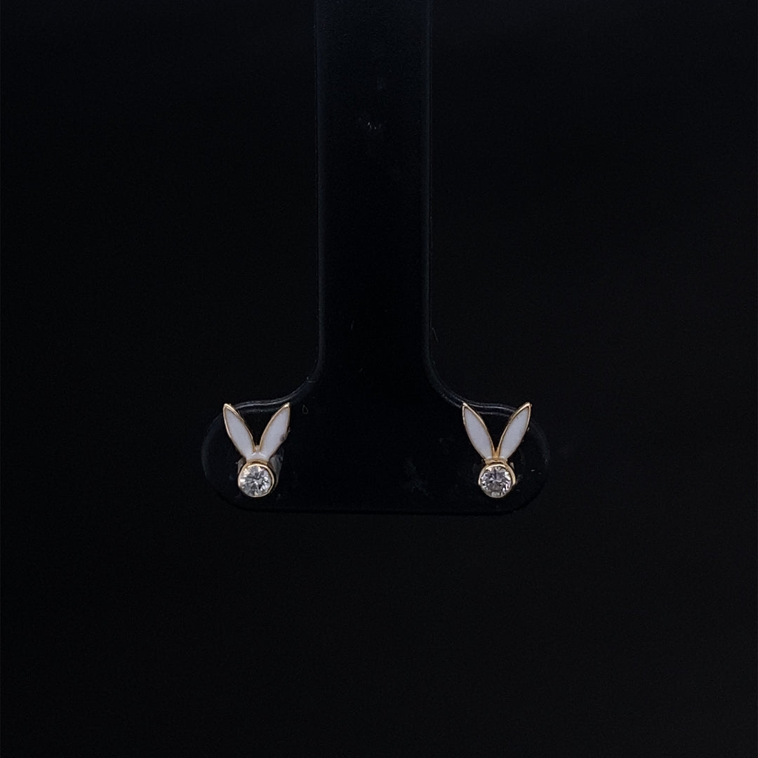 Kids Enameled Bunny Ears Diamond Stud Earrings, 14k Solid Gold, Natural Diamonds, Kids jewelry, Gift for toddlers, girls and kids