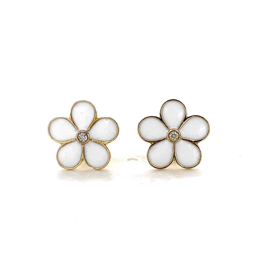 Kids Enameled Flower Diamond Stud Earrings, 14k Solid Gold, Natural Diamonds, Kids Jewelry, Gift for toddlers, girls and kids