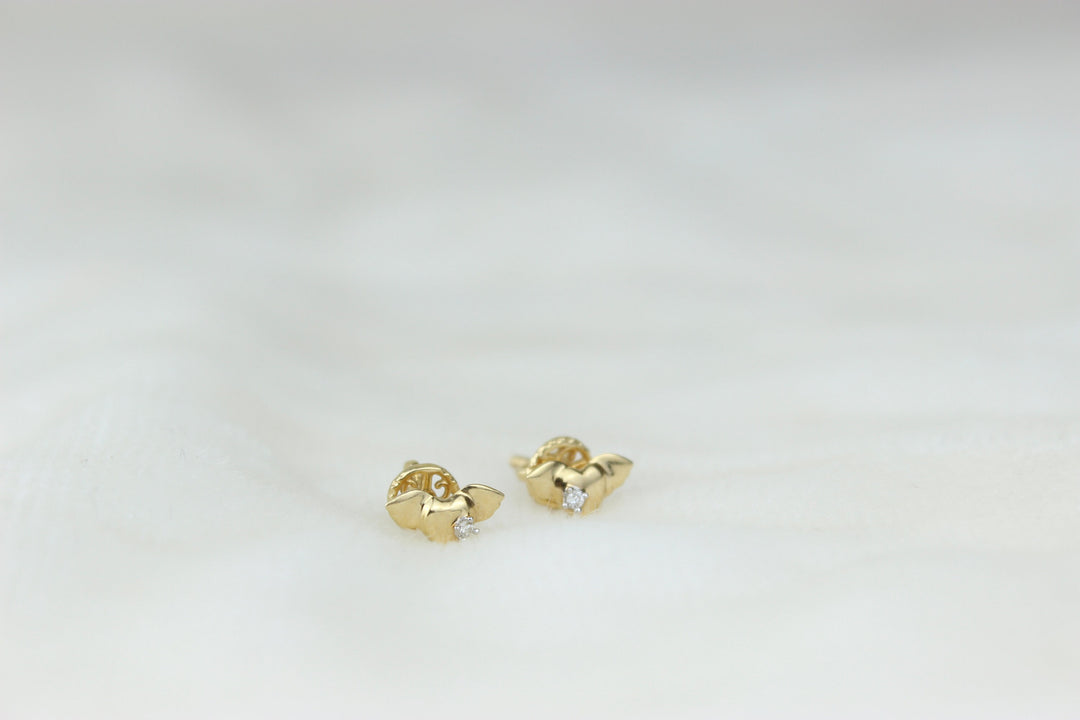 Kids Winged Heart Diamond Stud Earrings, 14k Solid Gold, Natural Diamonds, Kids Jewelry, Gift for toddlers, girls and kids