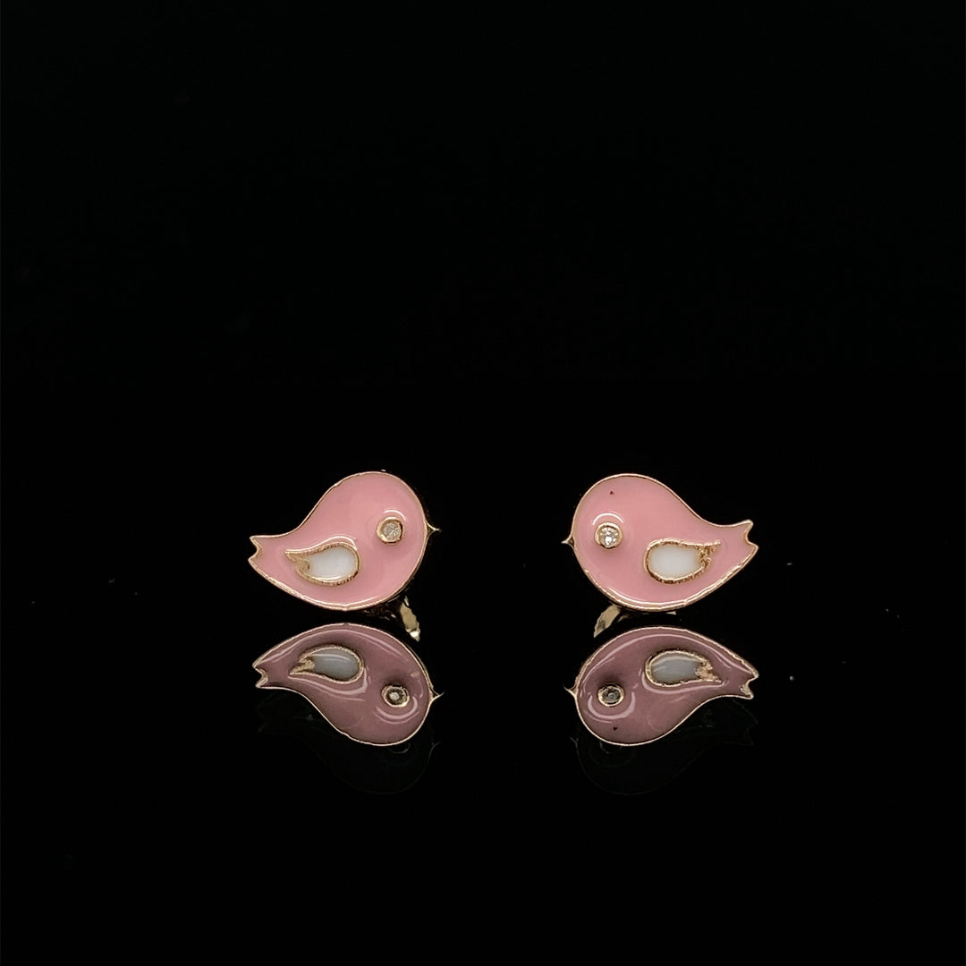 Kids Pink Bird Diamond Stud Earrings, 14k Solid Gold With Enameling, Natural Diamonds, Kids Jewelry, Gift for toddlers, girls and kids