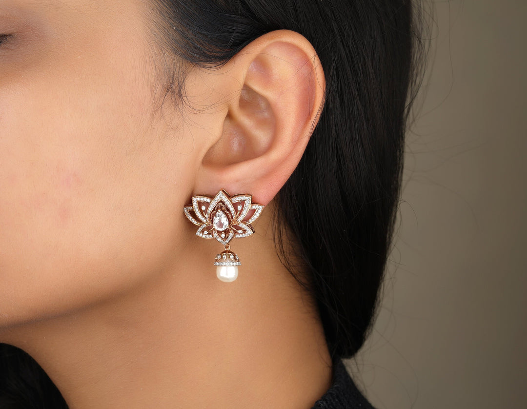 Lotus Design Earrings with White Topaz Gemstone, Classy Pearl Drop Earrings, 14k Solid Gold, Natural Diamonds, Gift For Her