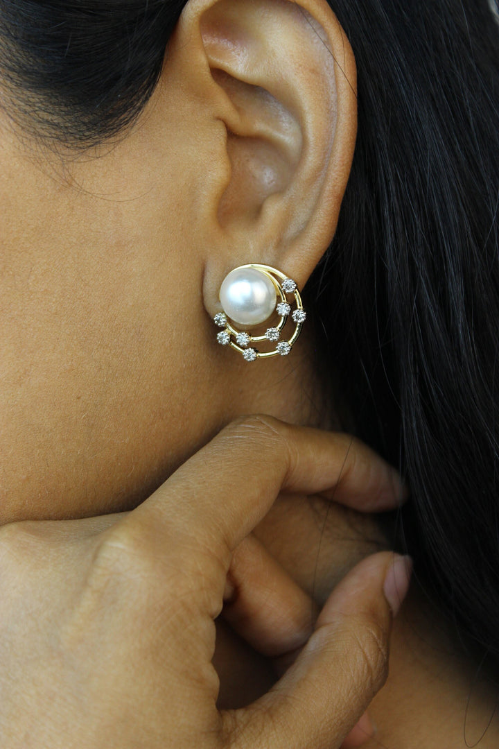 Concentric Circular Design Pearl Stud Earrings, Natural Diamonds, Gemstone Earrings, 14k Solid Gold, Gift for her, Elegant Design