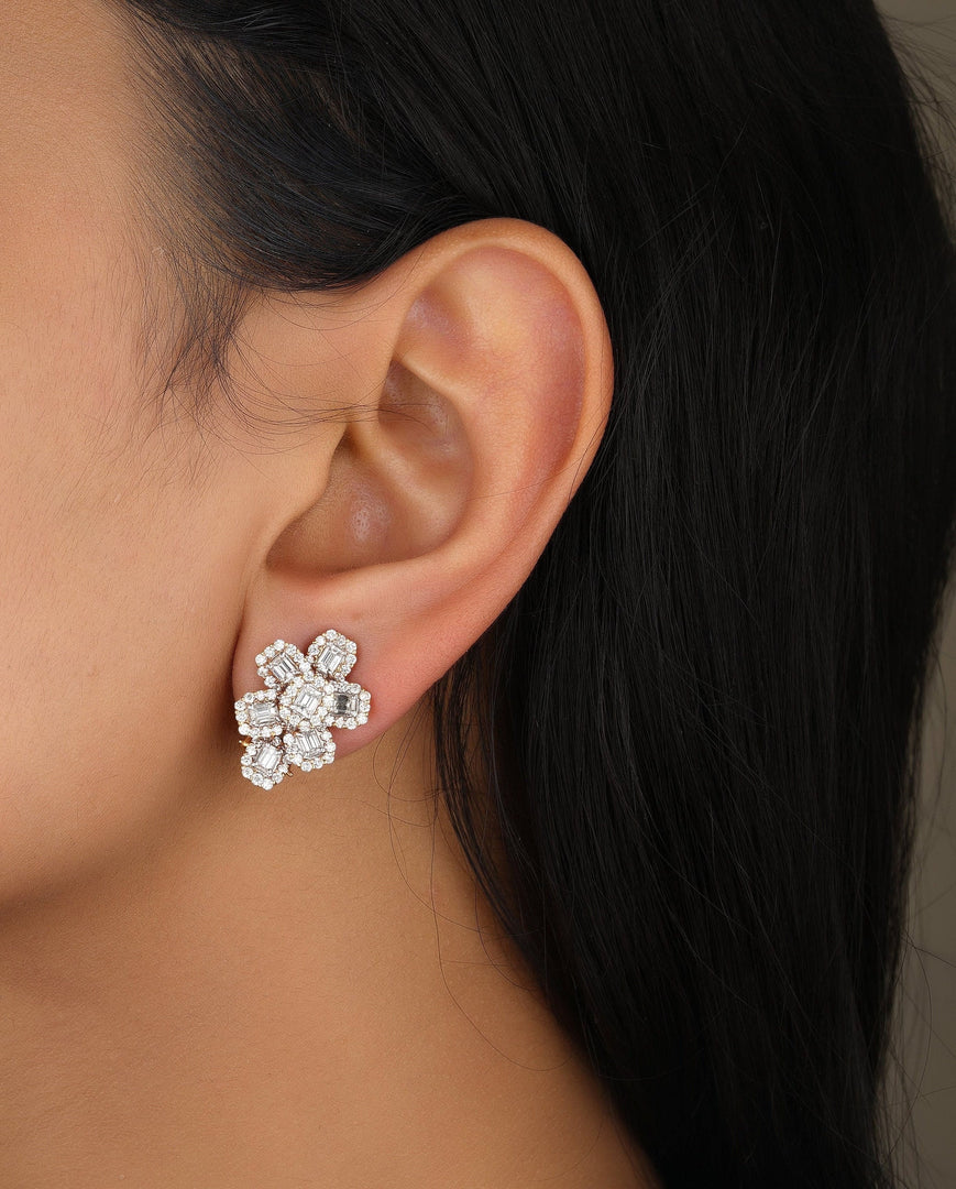 Emerald Cut Diamond Stud Earrings,  Flower Design Diamond Earrings, 14k Solid Gold, Natural Diamonds, Fancy shape diamond earrings, For her