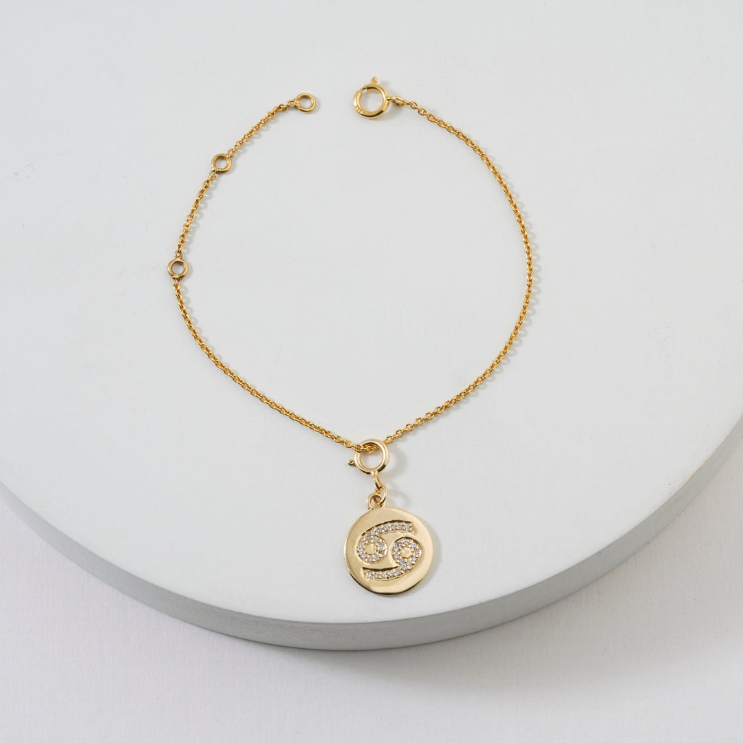 Cancer Horoscope Birth Sign Charm, 14k Solid Gold, Natural Diamonds, Zodiac Jewelry, Everyday Jewelry, Astrology Gift for her
