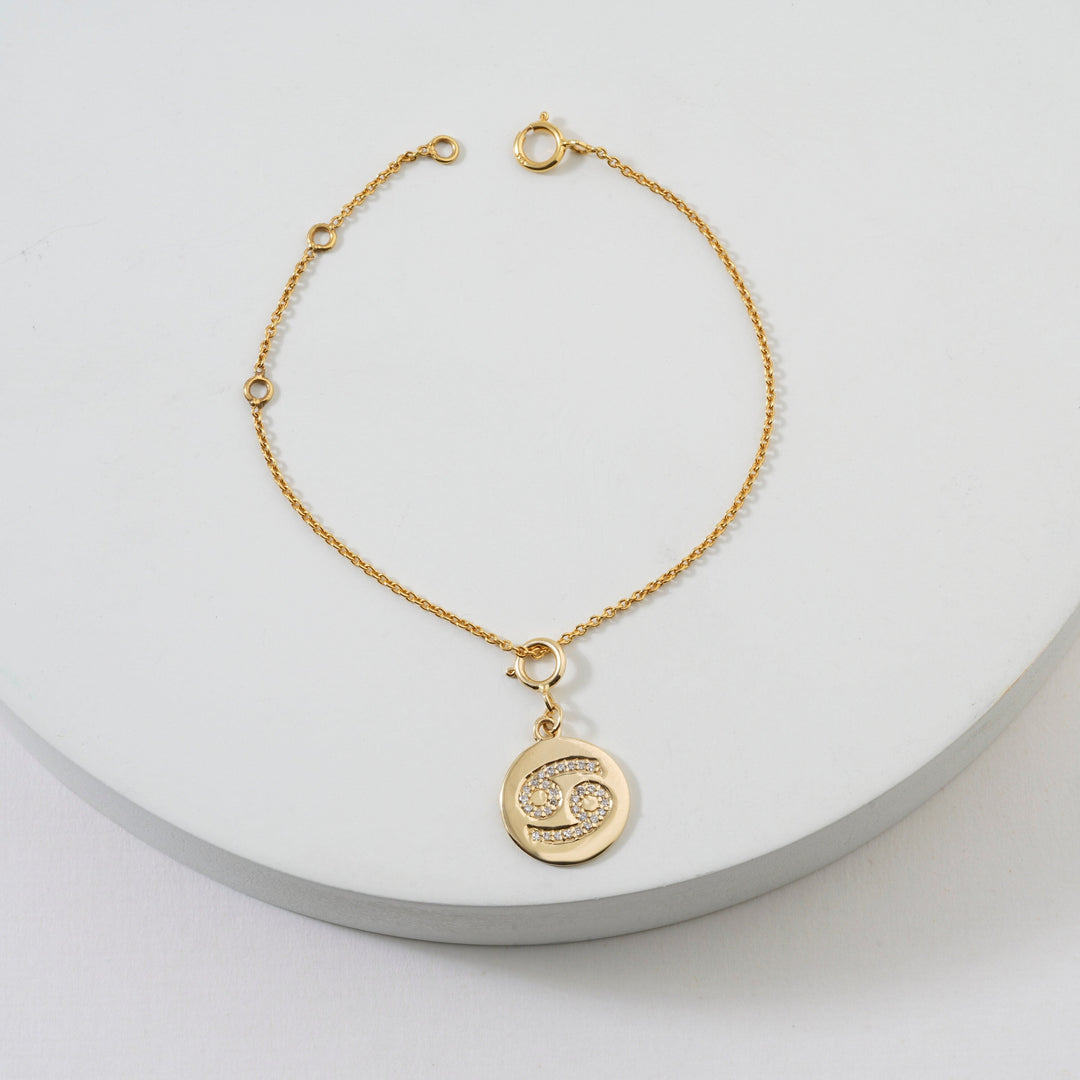 Cancer Horoscope Birth Sign Charm, 14k Solid Gold, Natural Diamonds, Zodiac Constellation Everyday Jewelry, Astrology Gift