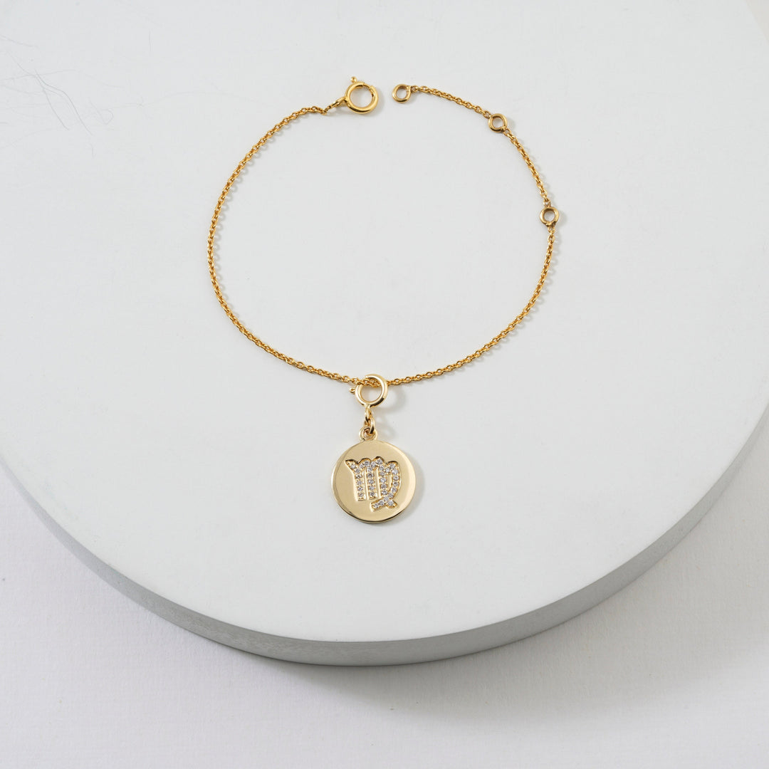 Virgo Horoscope Birth Sign Charm, 14k Solid Gold, Natural Diamonds, Zodiac Jewelry, Everyday Jewelry, Astrology Gift for her