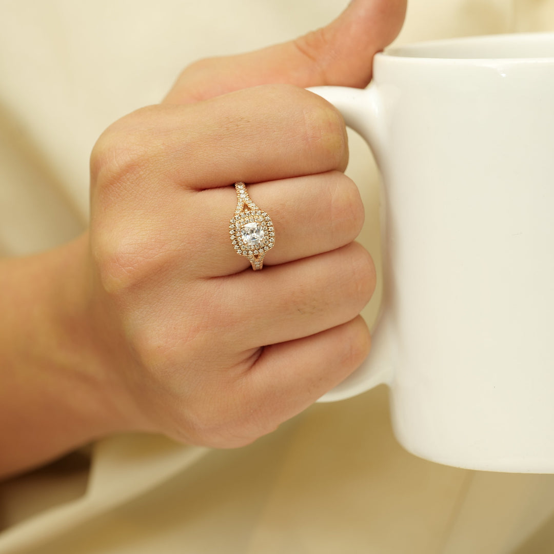 IGI Certified Lab Grown Solitaire Diamond Ring: 14K Solid Gold Square Double Halo Proposal Ring