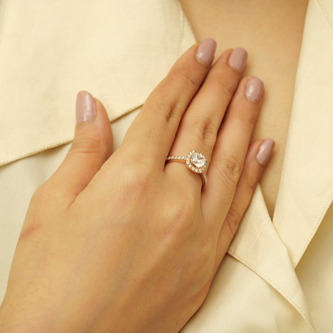 Lab grown solitaire diamond ring in solid gold, Cushion cut Engagement Ring, Halo Setting Ring, , Wedding Ring Gift For Her