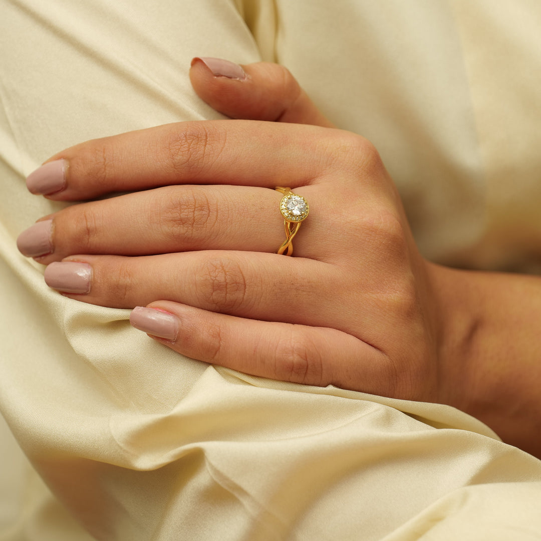 IGI Certified Lab grown Solitaire Halo Diamond Ring: 14K Solid Gold Bridal Twisted Band Ring