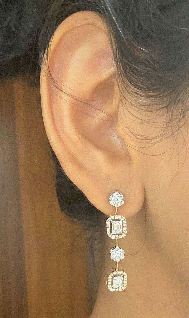 Baguette and Round Diamond Earrings, Illusion Setting Dangle Diamond Earrings, 14K Solid Gold, Dual Toned, Natural Diamonds, Gift for her