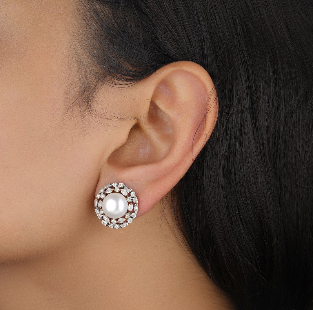 Pearl Studs with Diamond Outlines, Marquise, Baguettes & Pearl Earrings, 14K Solid Gold, Natural Diamonds, Gift for her