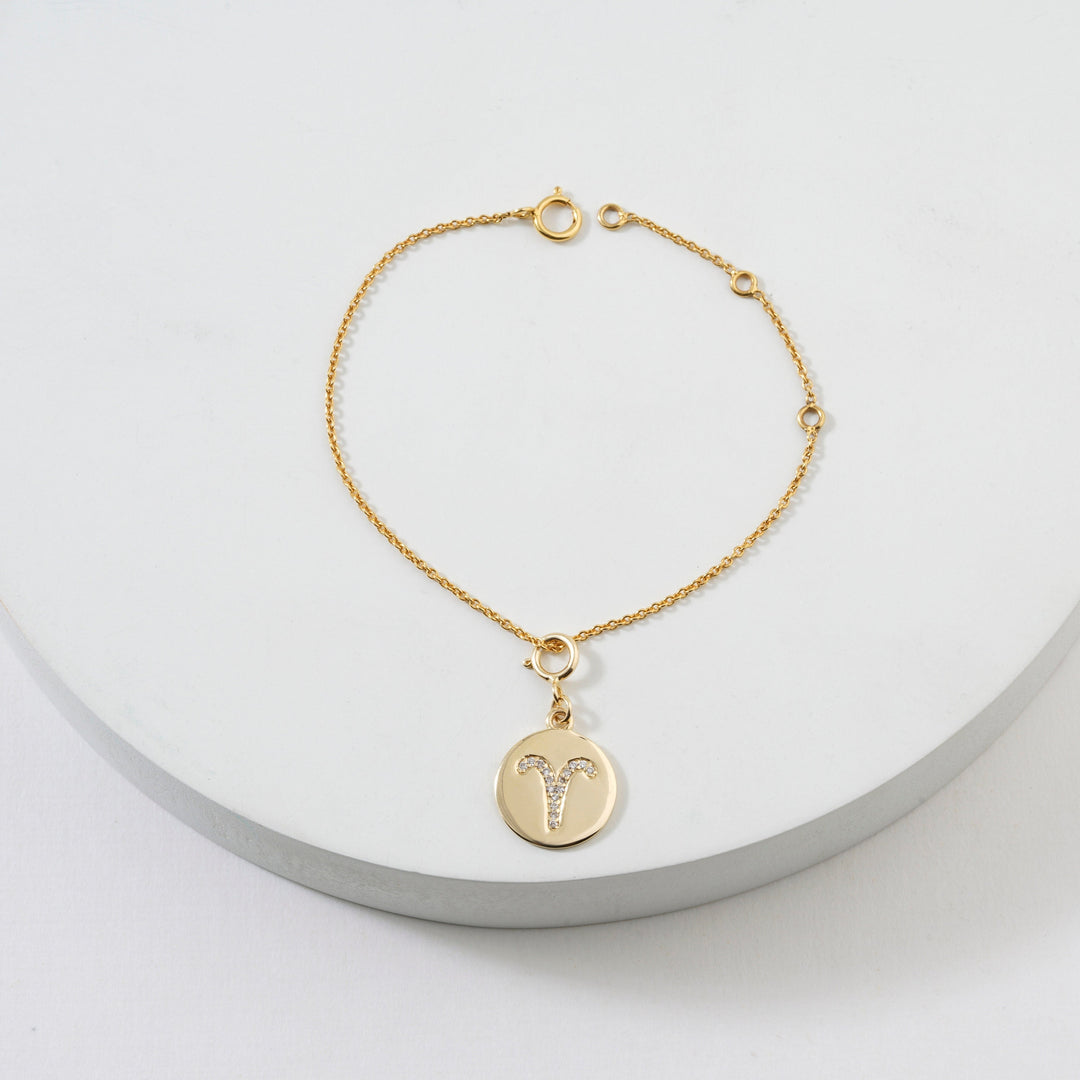 Aries Horoscope Birth Sign Charm, 14k Solid Gold, Natural Diamonds, Zodiac Constellation Everyday Jewelry, Astrology Gift