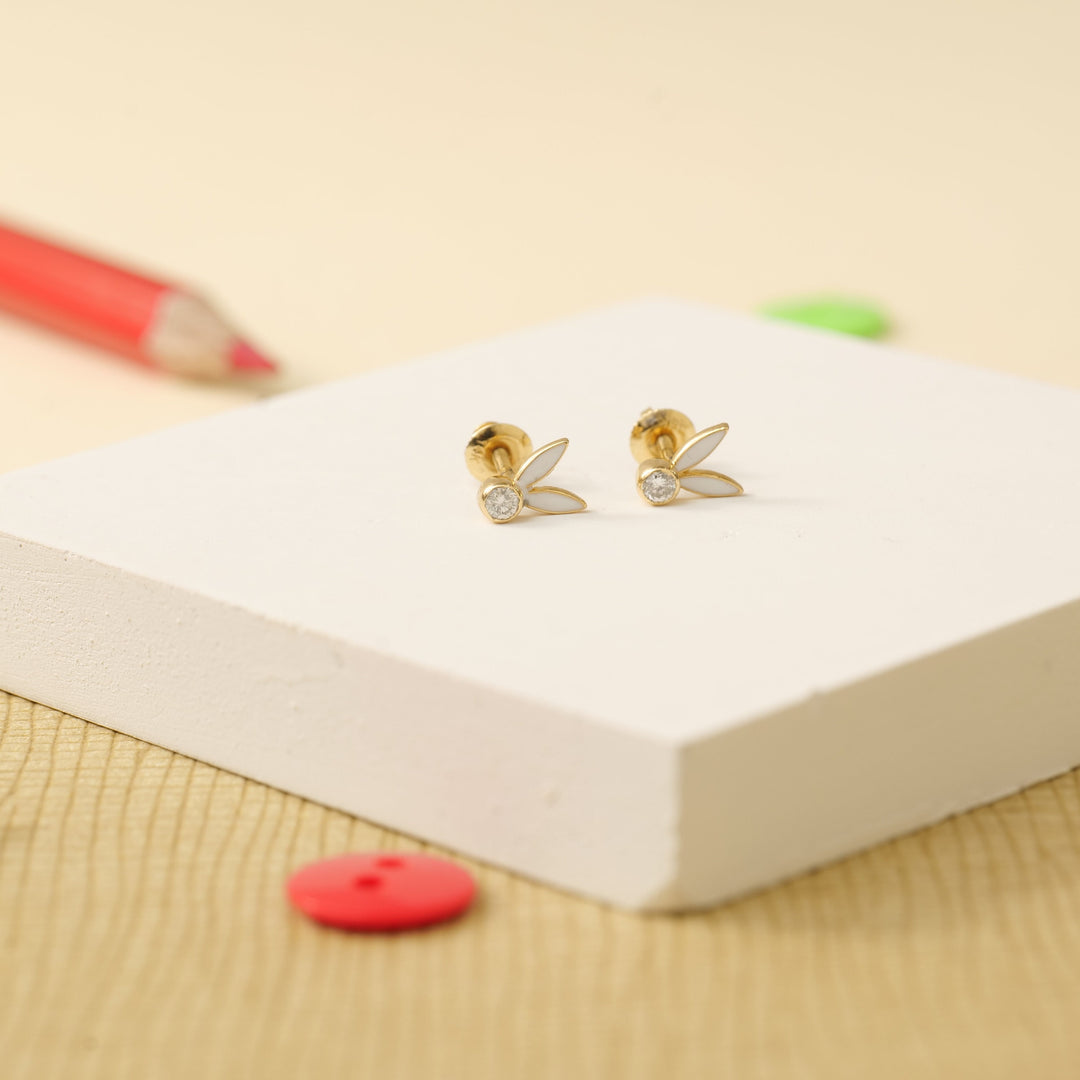 Kids Enameled Bunny Ears Diamond Stud Earrings, 14k Solid Gold, Natural Diamonds, Kids jewelry, Gift for toddlers, girls and kids