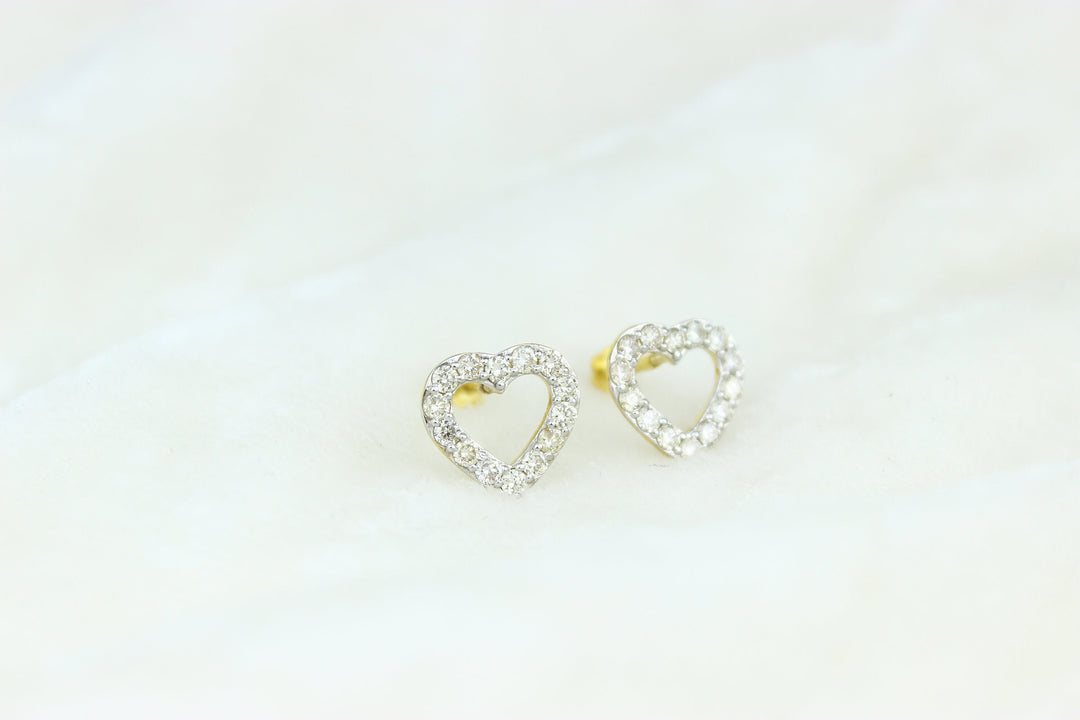 Kids Hollow Heart With Diamond Accents Stud Earrings, 14k Solid Gold, Natural Diamonds, Kids Jewelry, Gift for toddlers, girls and kids